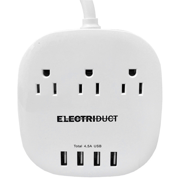 Electriduct Portable Power Strip- 4.5 Amp- 3 Outlets/4 USB- 1M Cord- White PDU-T4.5A-3P-4U-WT